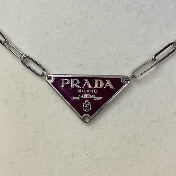 Upcycled Silver & Raspberry Triangle Logo Paper Clip Chain Necklace - Picture 2 of 3